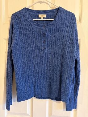 Studio Works Blue Cable-Knit Crewneck Sweater with Button Placket
